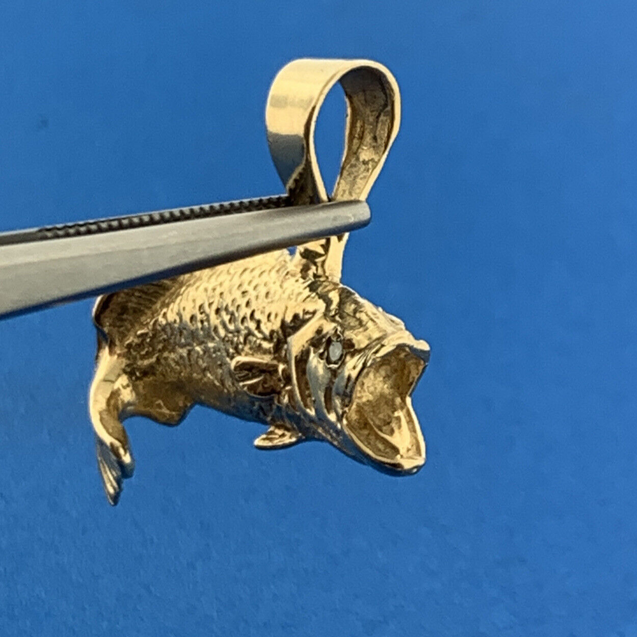 Vintage 14K Yellow Gold Diamond Open Mouth Koi Bass Fish Statement Pendant