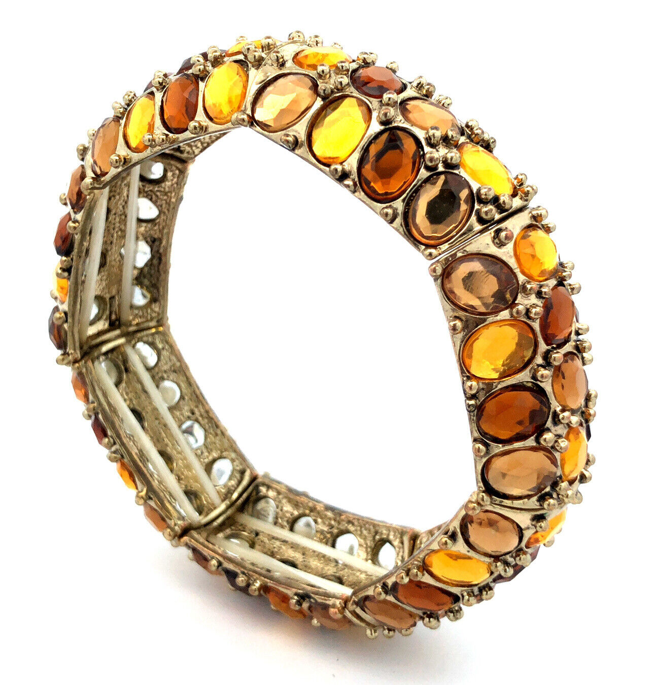 Fabulous Gold Tone Yellow Gold Amber Rhinestone Stretch Statement Cuff Bracelet