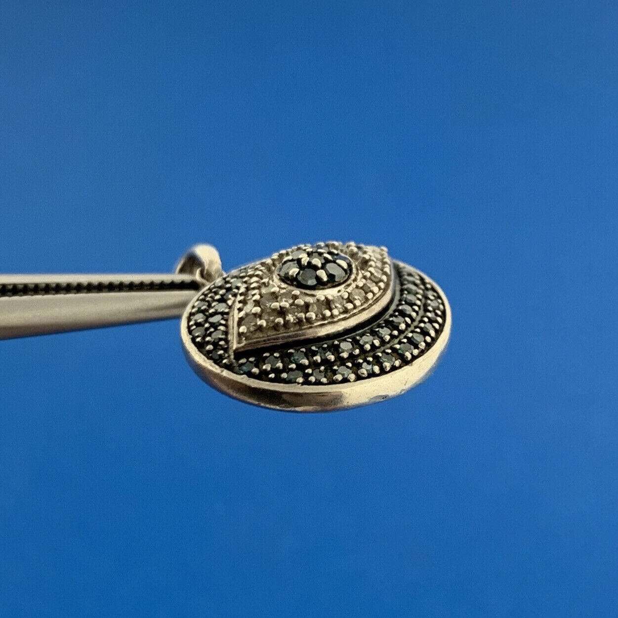 Designer 925 Sterling Silver Blue Sapphire Diamond All Seeing Evil Eye Pendant