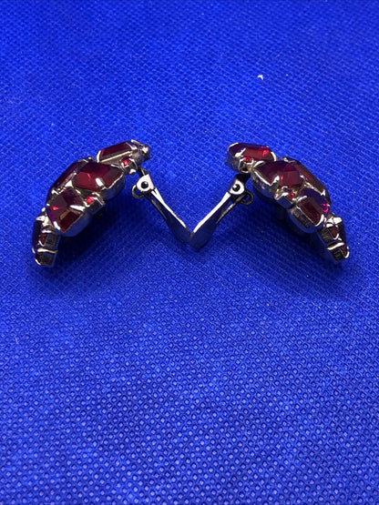 Mid Century Silver Tone Red Glass Rhinestone Statement Clip On Stud Earrings