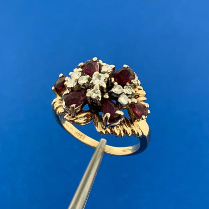 14K Yellow Gold Ruby Diamond Butterfly Cluster Statement Cocktail Ring