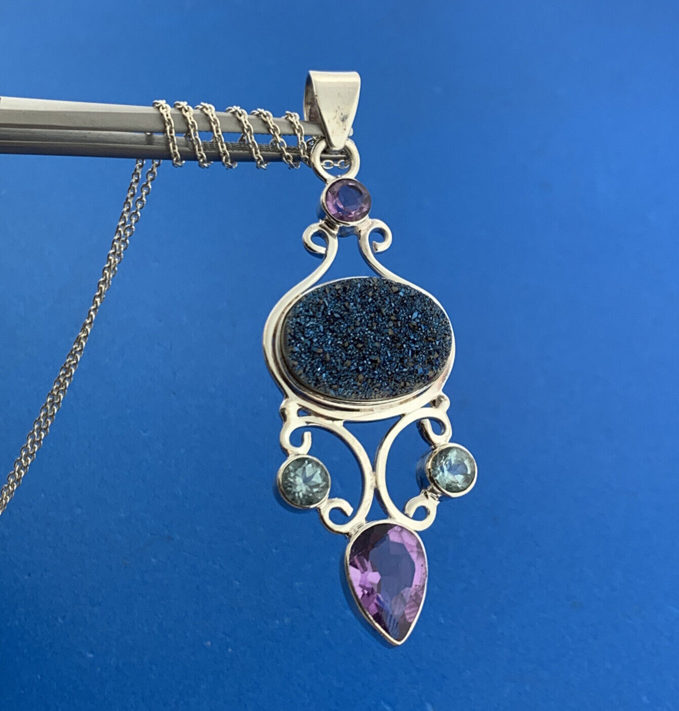 Sterling Silver 925 Amethyst Blue Topaz Drusy Quartz Statement Pendant Necklace