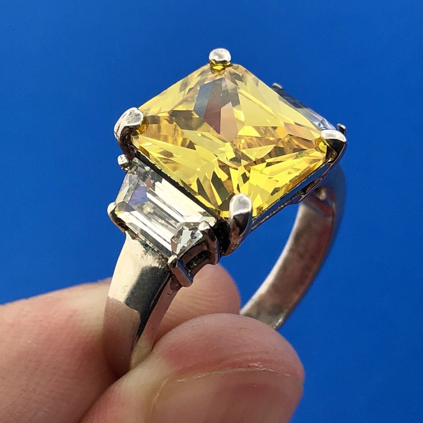 Dramatic Sterling Silver 925 Yellow White CZ Statement Fashion Cocktail Ring