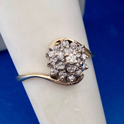 Retro 14K Yellow Gold Diamond Floral Cluster Bypass Engagement Bridal Ring
