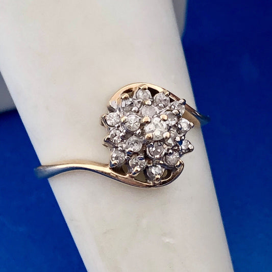 Retro 14K Yellow Gold Diamond Floral Cluster Bypass Engagement Bridal Ring