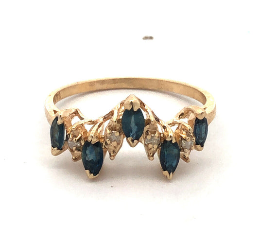 Estate 14K Yellow Gold Marquise London Blue Topaz Diamond Stacking Band Ring