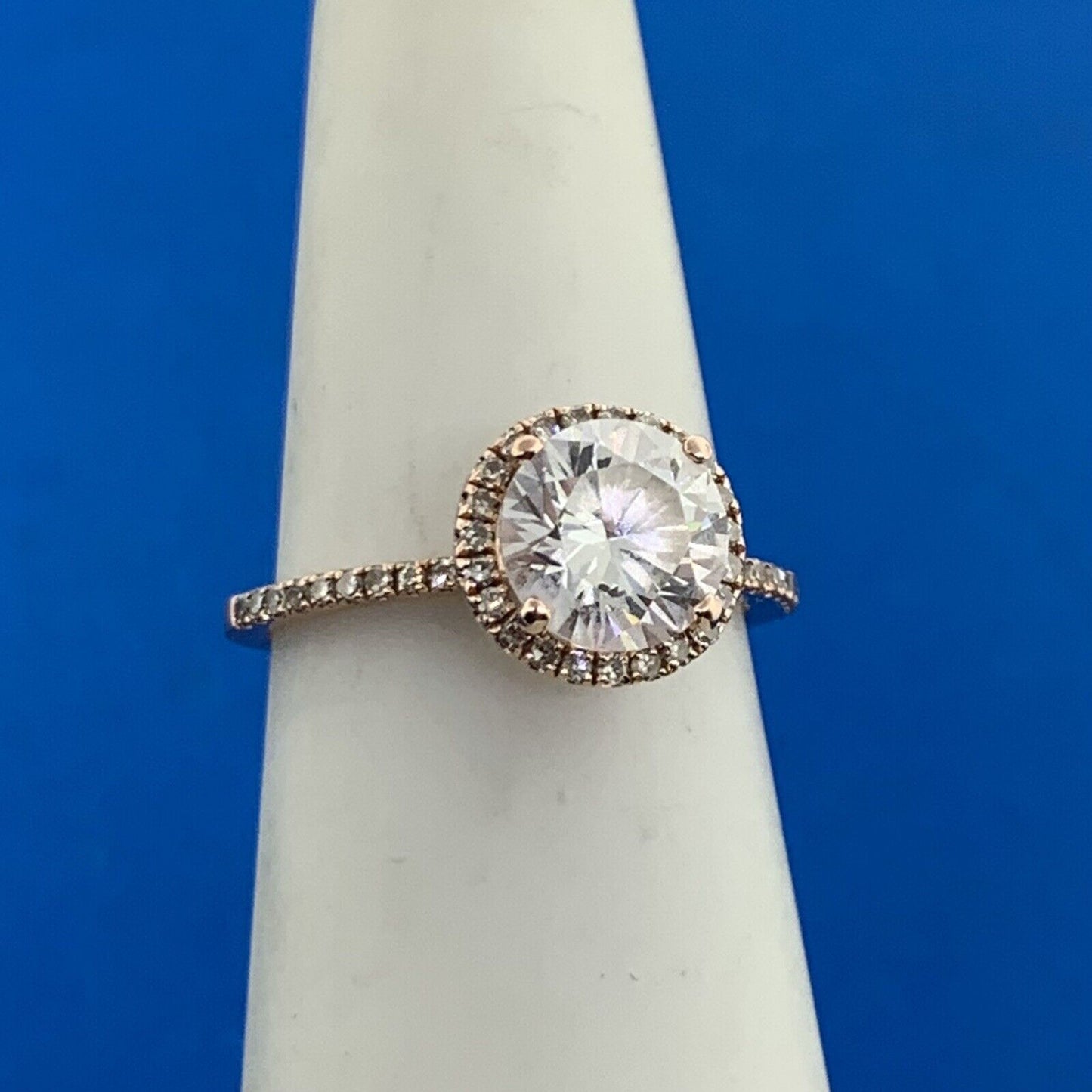 14K Rose Gold Cubic Zirconia Solitaire Diamond Halo Accented Engagement Ring