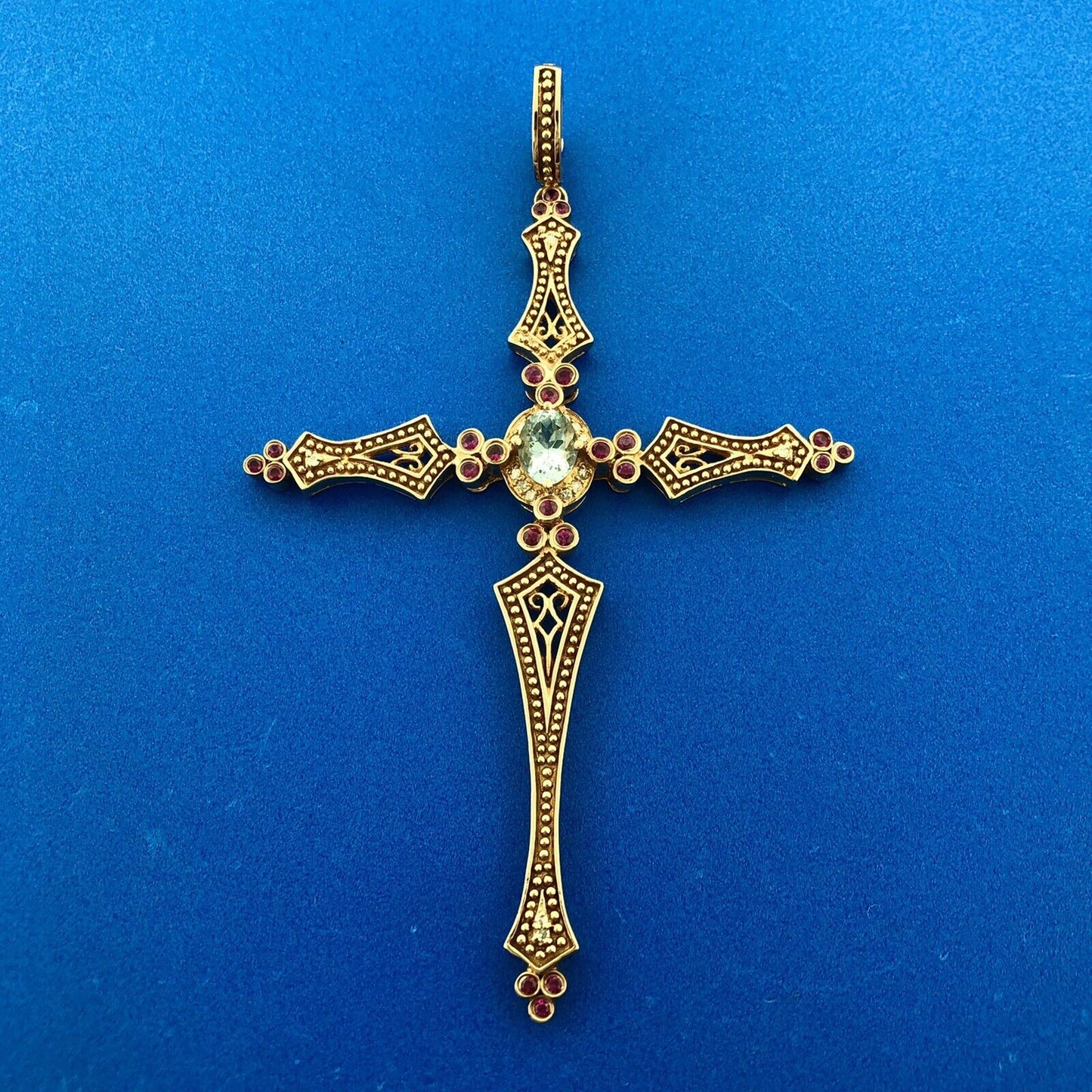 SR 14k Rose Gold Blue Tourmaline Ruby Diamond Faith Cross Pendant Enhancer