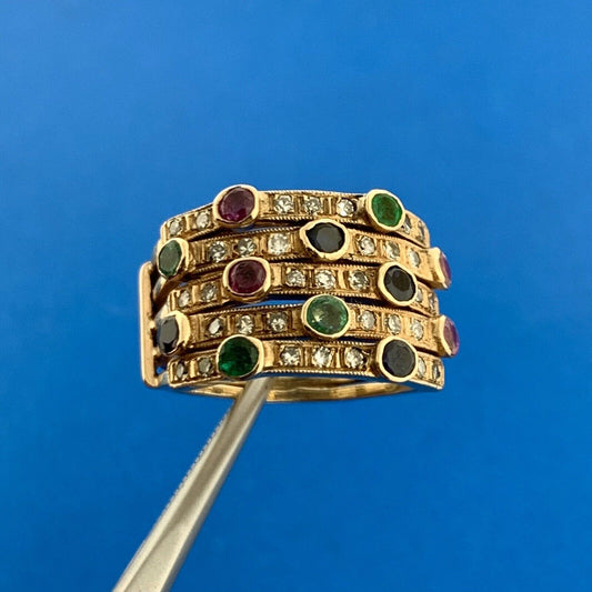Retro 14K Yellow Gold Diamond Sapphire Ruby Emerald Anniversary Wide Harem Ring