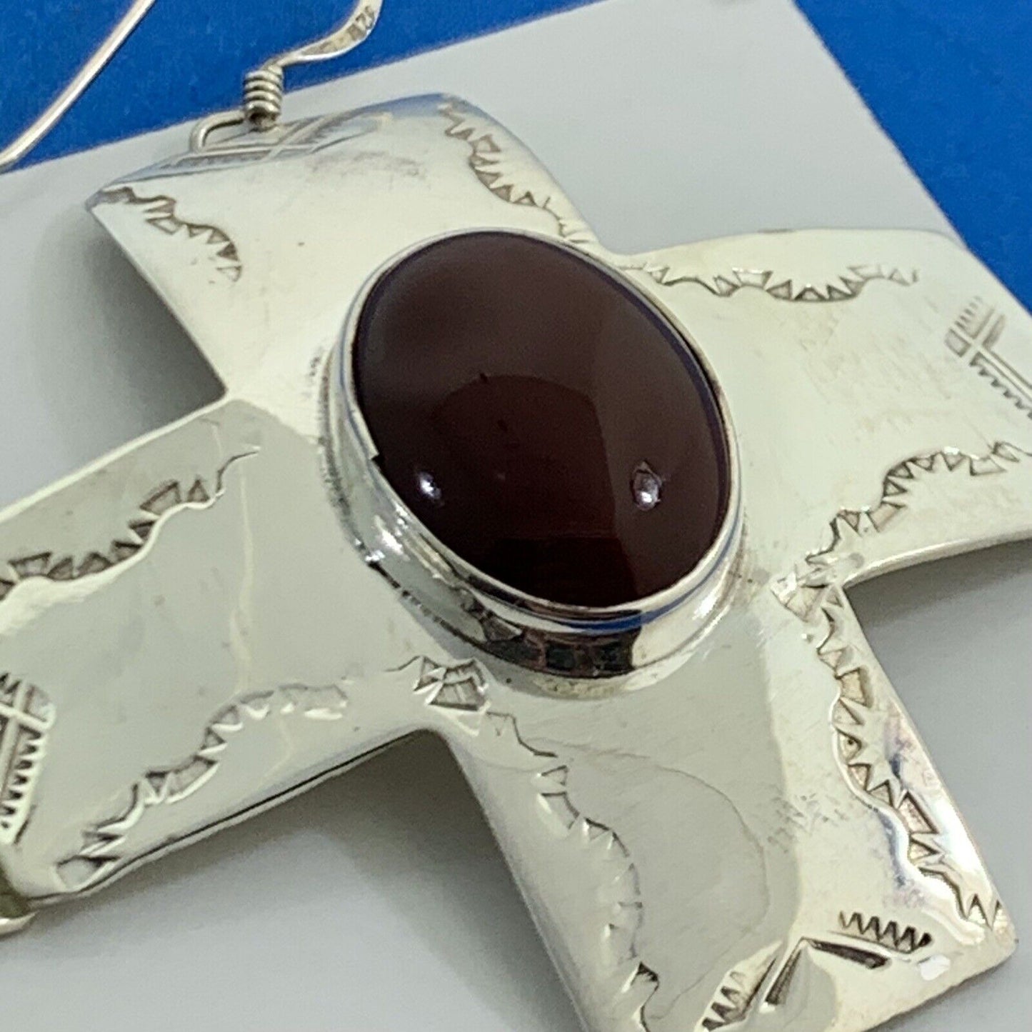 Navajo Ben J Chavez Sterling Silver Oval Carnelian Concho Cross Dangle Earrings