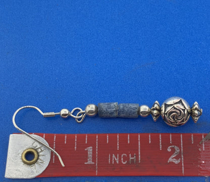Silver Plated Lapis Lazuli Tubular Beads Rose Scroll Dangle Drop Earrings