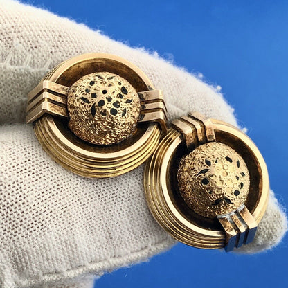 Art Deco Art Nouveau 14K Yellow Gold Black Enamel Modernist Linear Ball Earrings