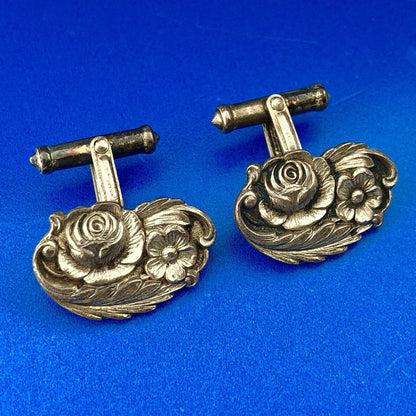 Art Deco S Kirk & Son 925 Sterling Silver Reposse Floral Patina Cuff Links