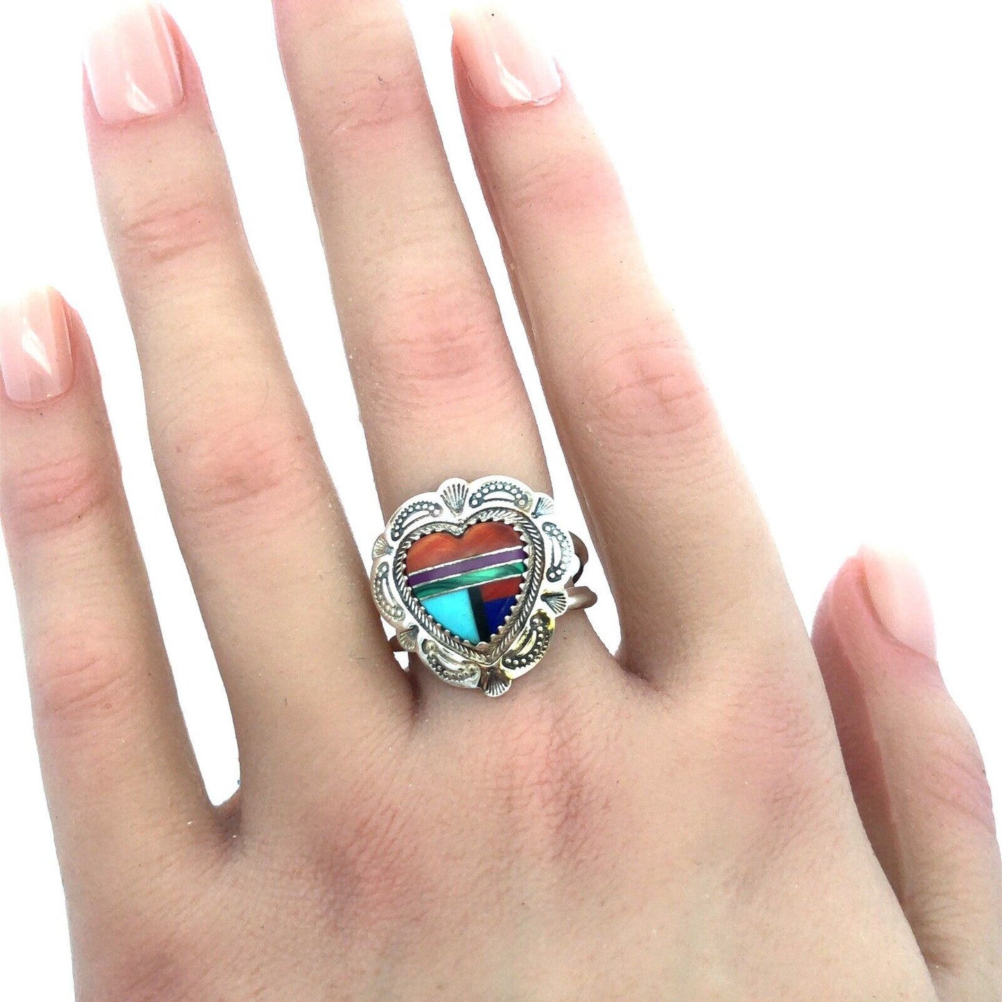 Quoc Turquoise Inc 925 Sterling Silver Mixed Gemstone Inlay Heart Concho Ring