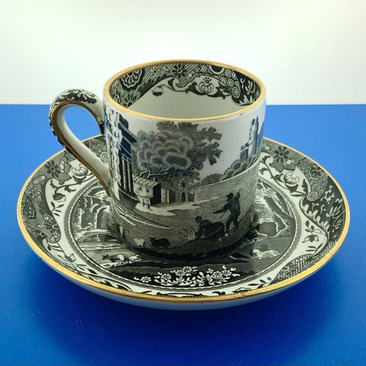 Spode England Woodland Black White Landscape Design Demitasse Cup W/Saucer 2 Pcs