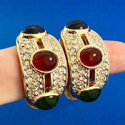 Vintage Runway Gold Tone Red Blue Green Glass Cabochon Rhinestone Clip Earrings
