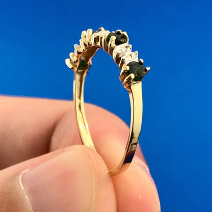 Retro 10K Yellow White Gold Emerald Diamond Stackable Anniversary Band Ring