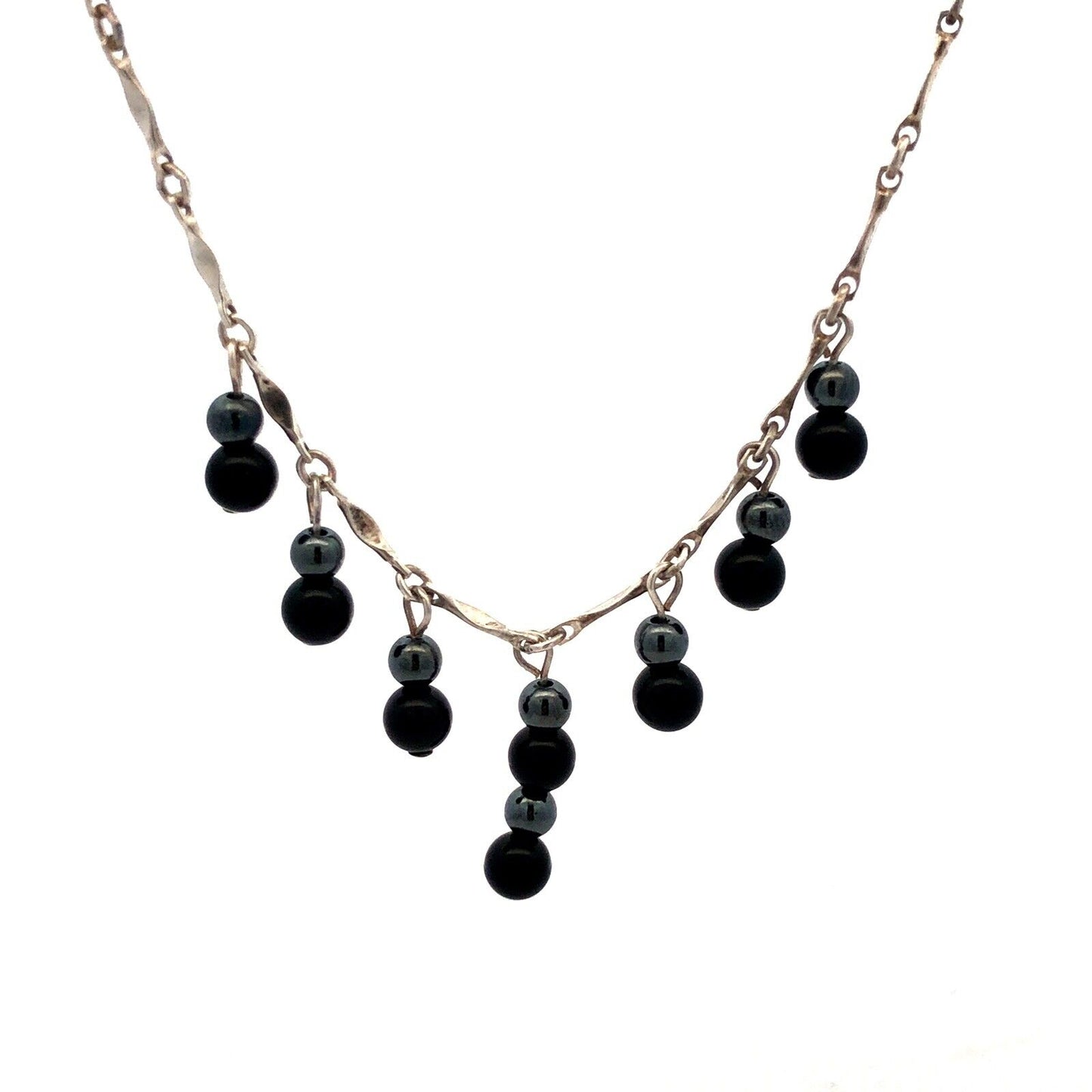 Designer PC Sterling Silver Black Onyx Hematite Bead Fancy Link Chain Necklace