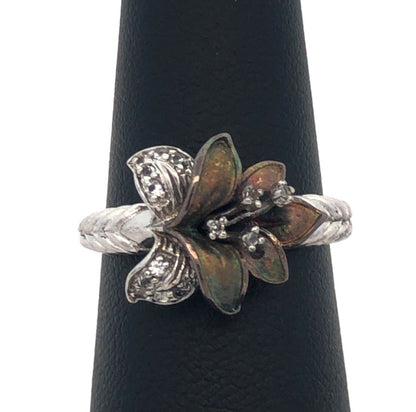 Designer CC 925 Sterling Silver Round White Topaz Lily Orchid Flower Ring
