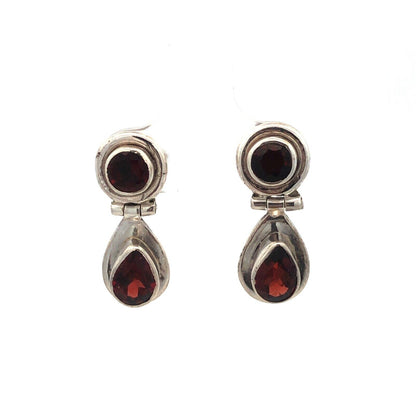 Vintage 925 Sterling Silver Round Bezel Pear Garnet Dangle Drop Stud Earrings