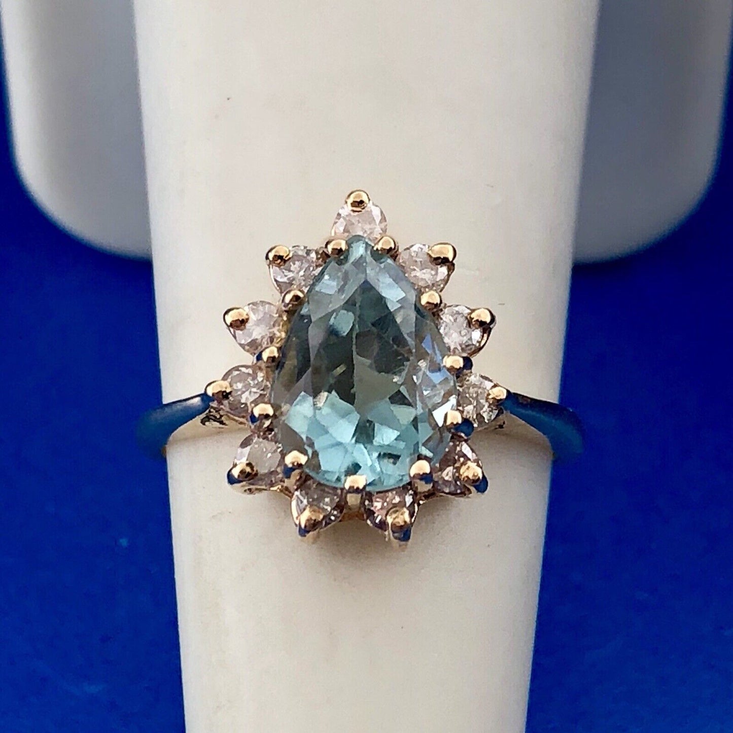 14K Yellow Gold Blue Topaz Diamond Halo December Birthday Occasion Cocktail Ring