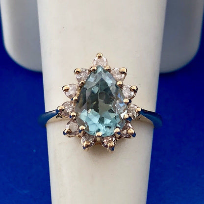 14K Yellow Gold Blue Topaz Diamond Halo December Birthday Occasion Cocktail Ring