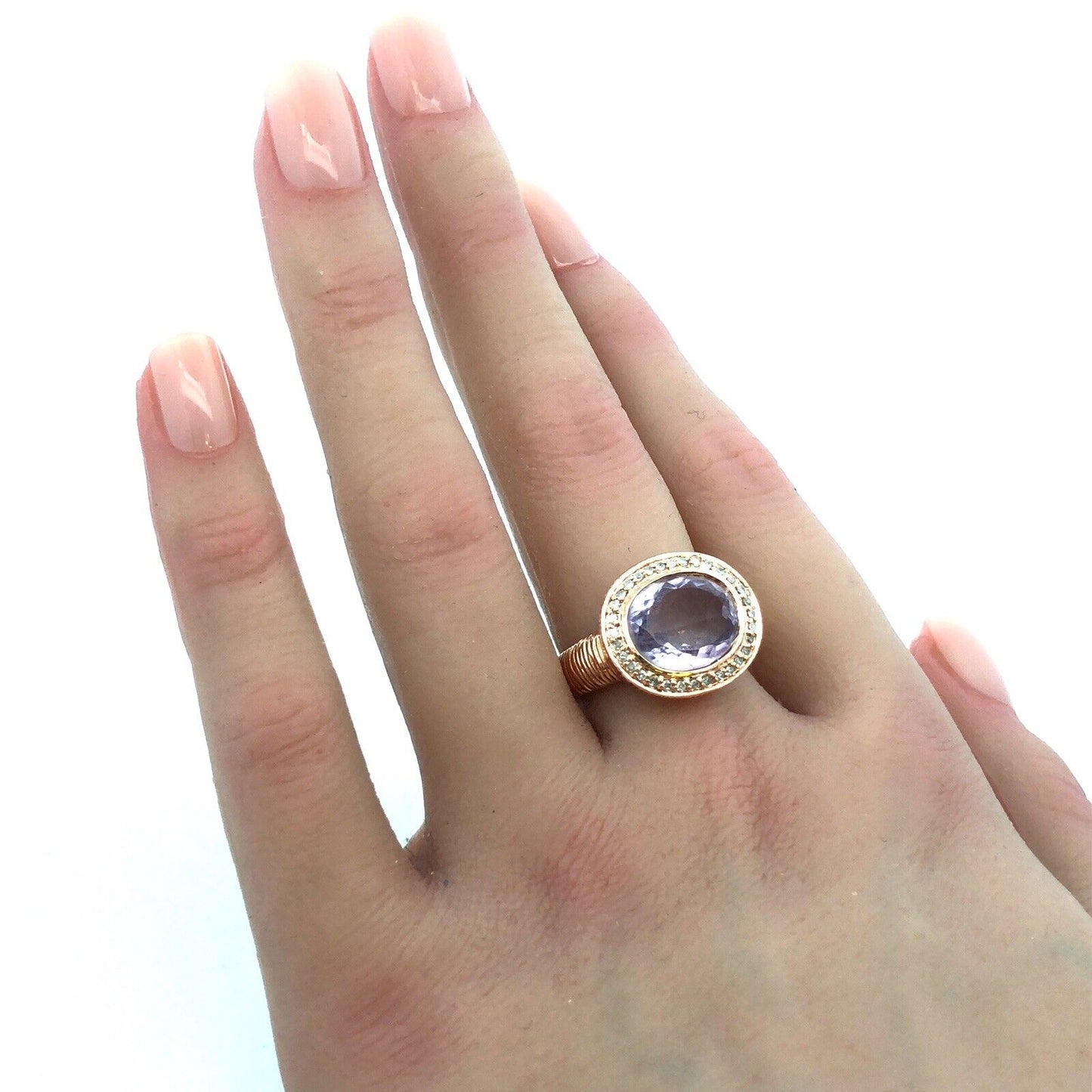 Designer 14K Rose Gold Oval Amethyst Diamond Halo Statement Size 7 Cocktail Ring