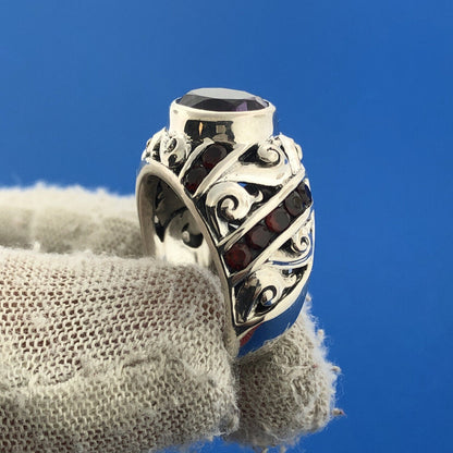 Estate CNA Sterling Silver 925 Amethyst Garnet Scroll Statement Cocktail Ring