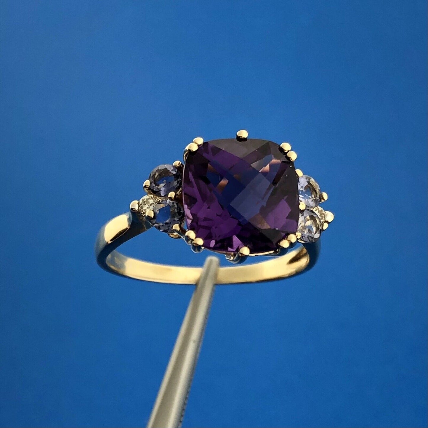 Designer 14K Yellow Gold Amethyst Tanzanite Diamond February Anniversary Ring