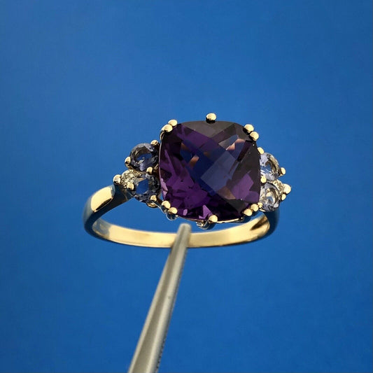 Designer 14K Yellow Gold Amethyst Tanzanite Diamond February Anniversary Ring