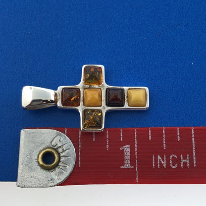 Vintage Poland Sterling Silver Baltic Amber Religious Communion Cross Pendant