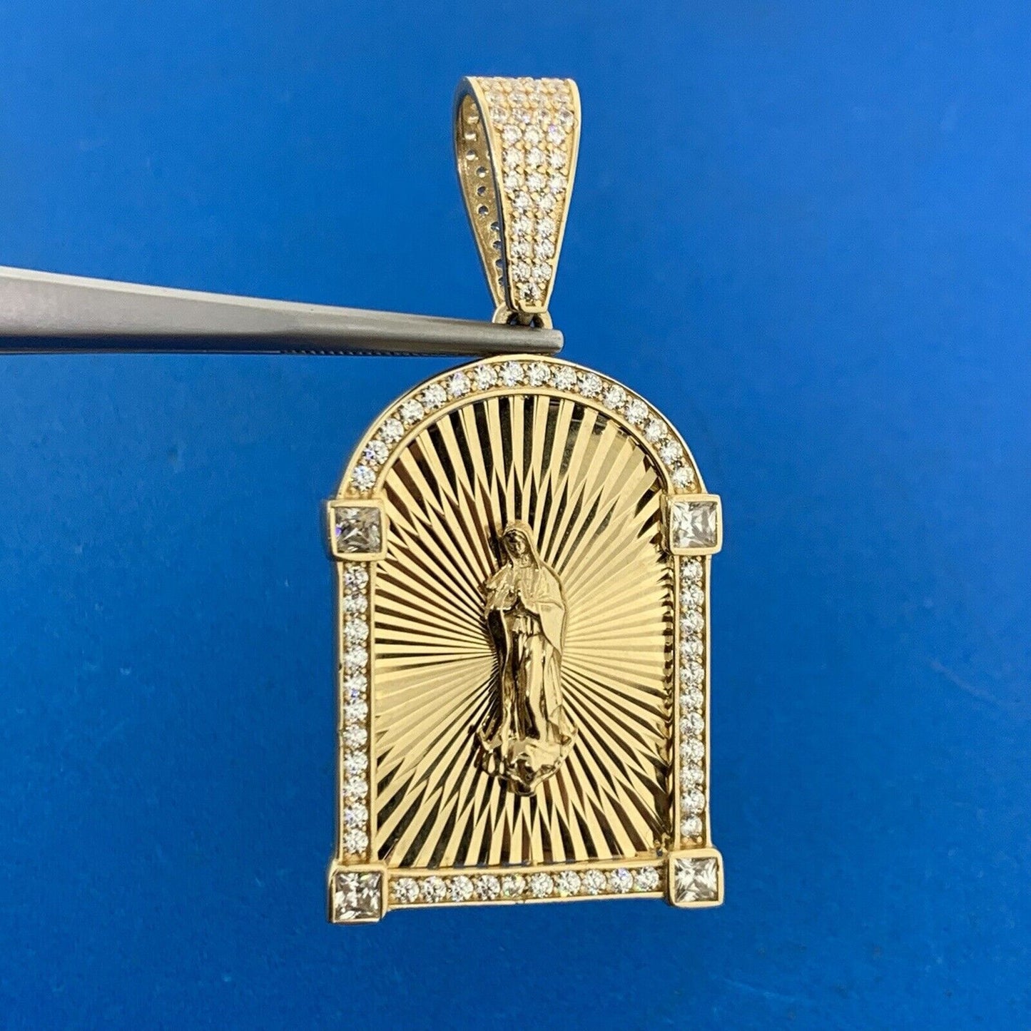 Custom 10K Yellow Gold Cut Cubic Zirconia Madonna Religious Statement Pendant