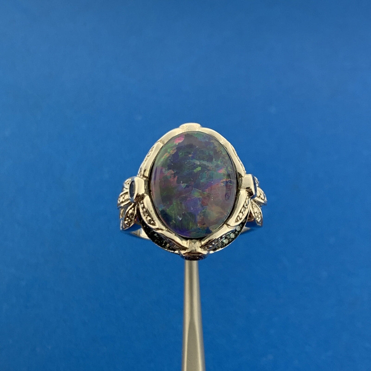 Designer 925 Sterling Silver Opal Doublet Amethyst Blue Diamond Accented Ring