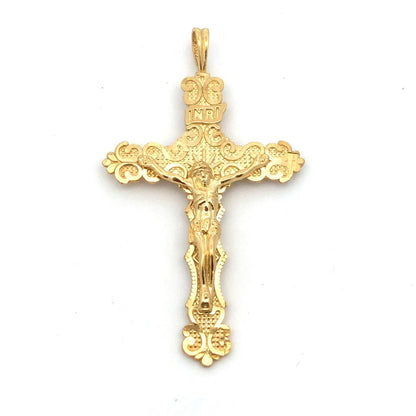 Designer 10K Yellow Gold Textured Crucifix Cross Religious Statement Pendant