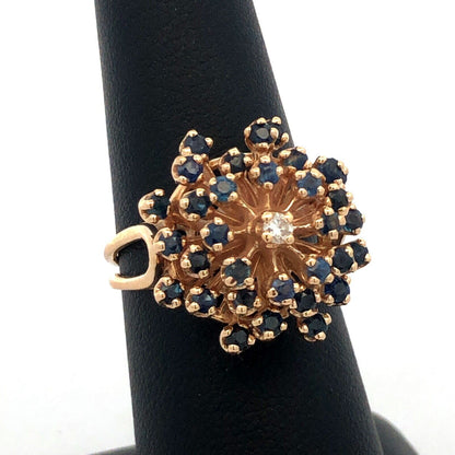 Designer HJW 14K Yellow Gold Round Sapphire Diamond Cluster Dome Cocktail Ring