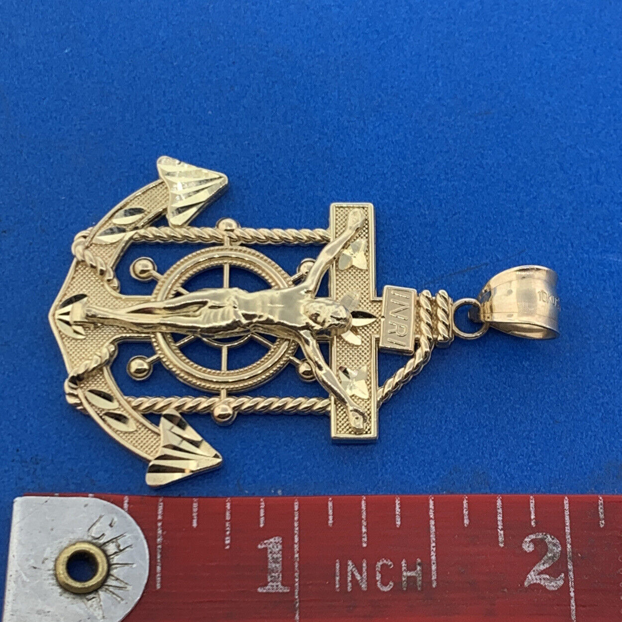 Designer 10K Yellow Gold Sailors Cross Anchor Navy Religious Statement Pendant