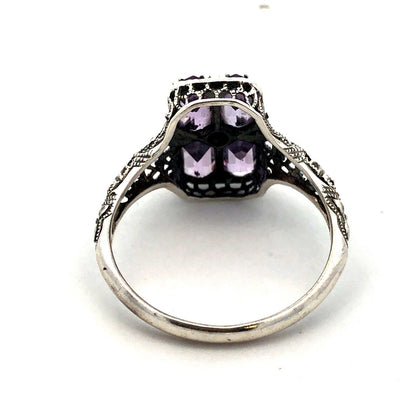 Designer CNA 925 Sterling Silver Amethyst Diamond Filigree Detail Rectangle Ring