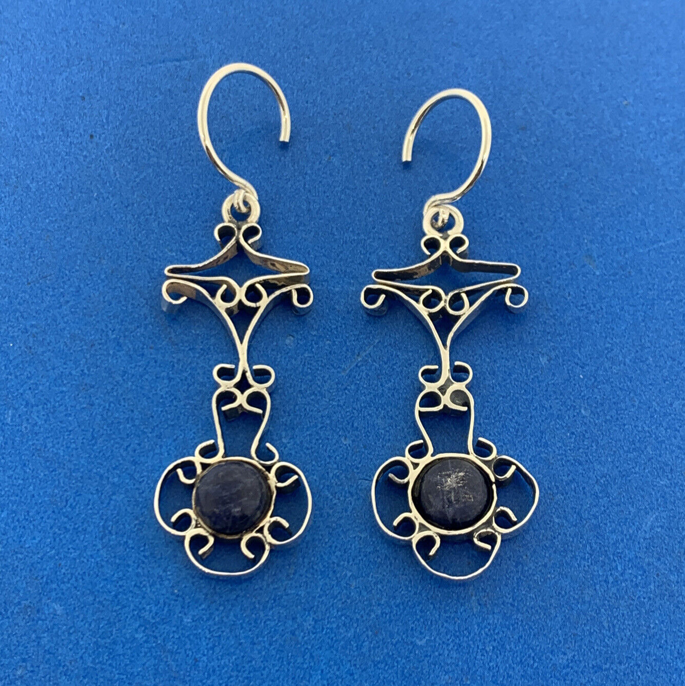 Vintage Navajo Running Bear Lapis Lazuli Hand Wrought Open Scroll Earrings