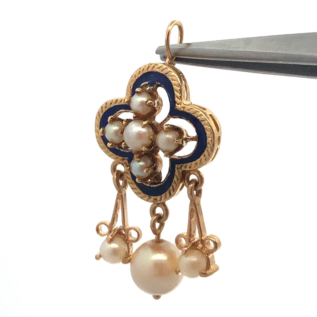 Estate 14K Yellow Gold Round Pearl Blue Enamel Drop Dangle Pendant