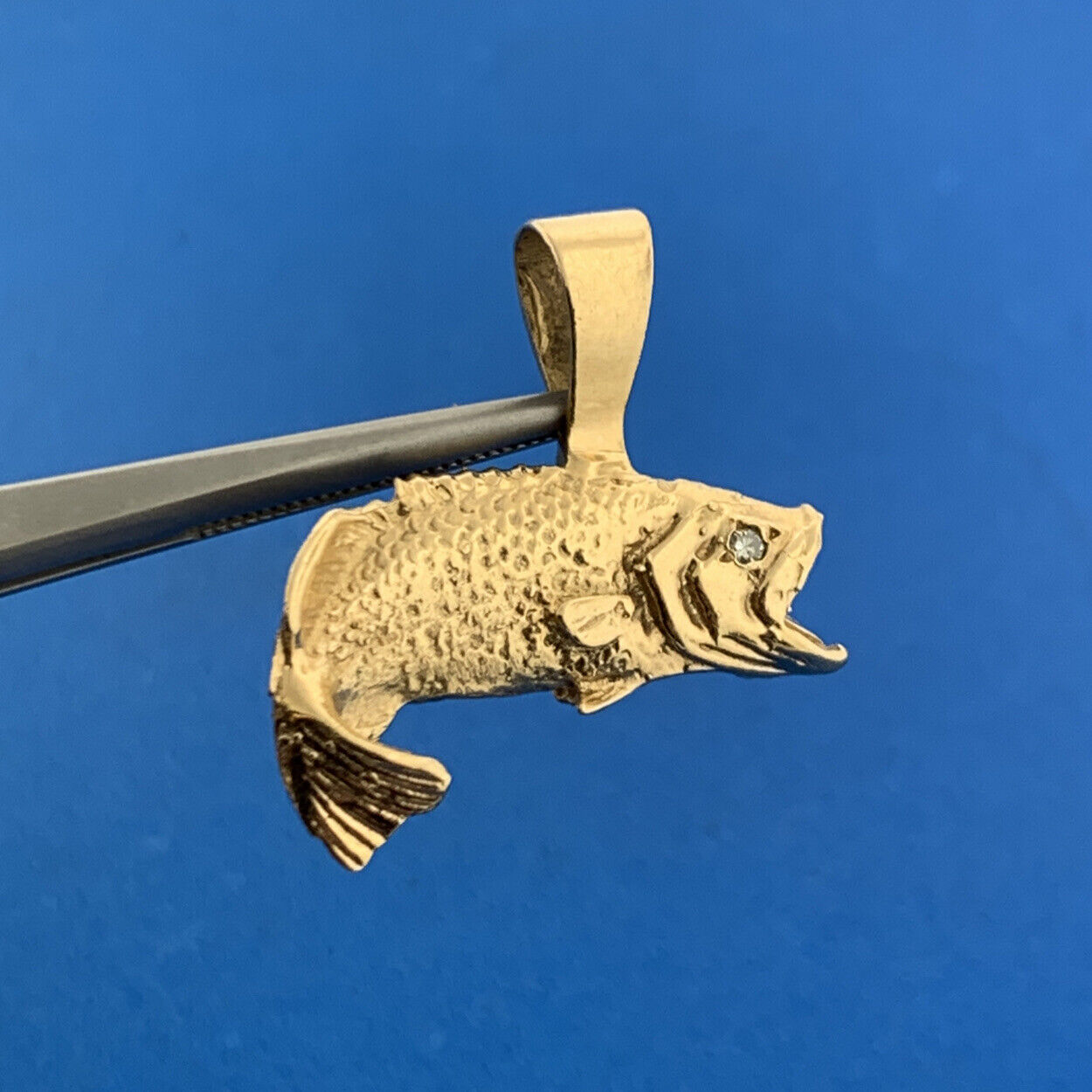 Vintage 14K Yellow Gold Diamond Open Mouth Koi Bass Fish Statement Pendant