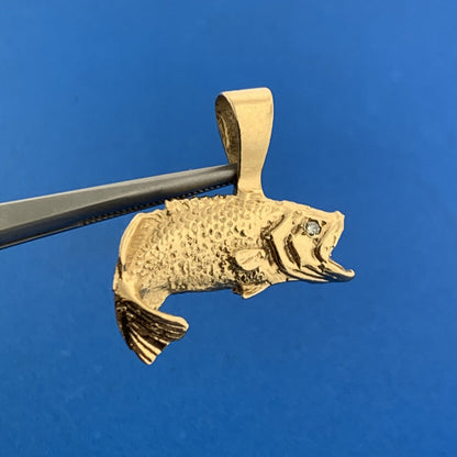 Vintage 14K Yellow Gold Diamond Open Mouth Koi Bass Fish Statement Pendant