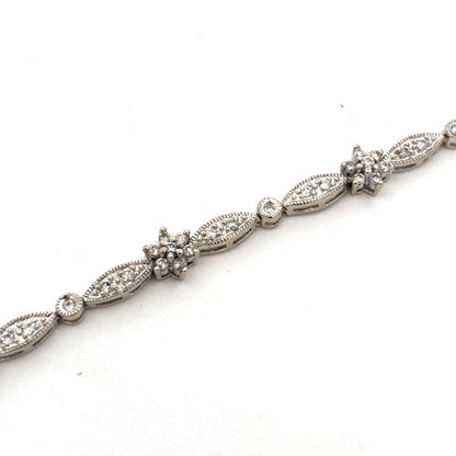 Designer 14K White Gold Round Diamond Flower Floral Textured Tennis Bracelet