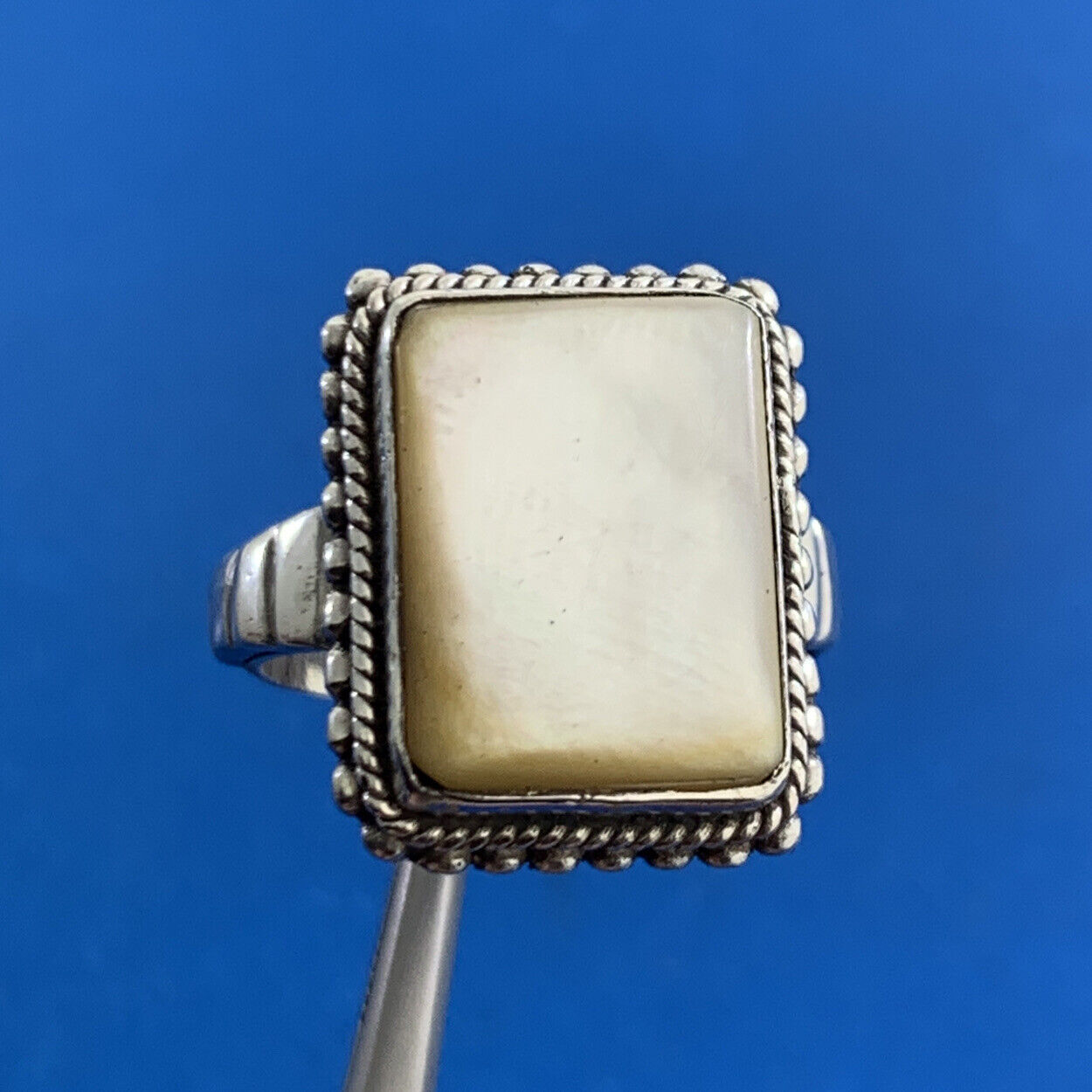 Vintage Mother of Pearl 925 Sterling Silver Rectangle Statement Ring