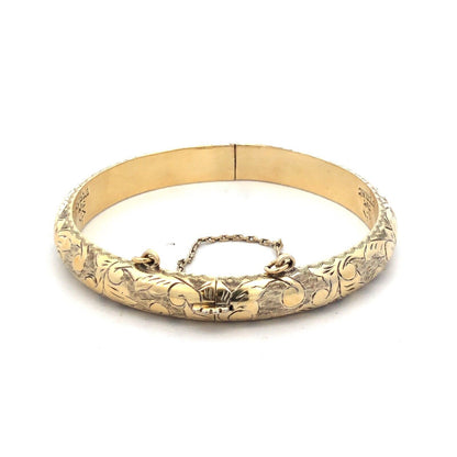 Art Nouveau Siam Sterling Silver Vermeil Etched Scroll Hinged Bangle Bracelet