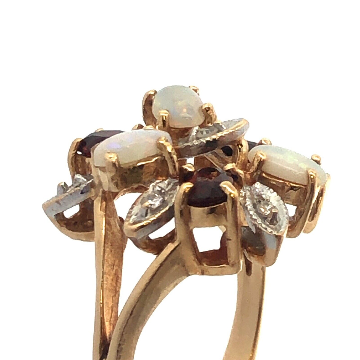 Vintage 14K Yellow Gold Opal Garnet Diamond Floral Cluster Anniversary Ring