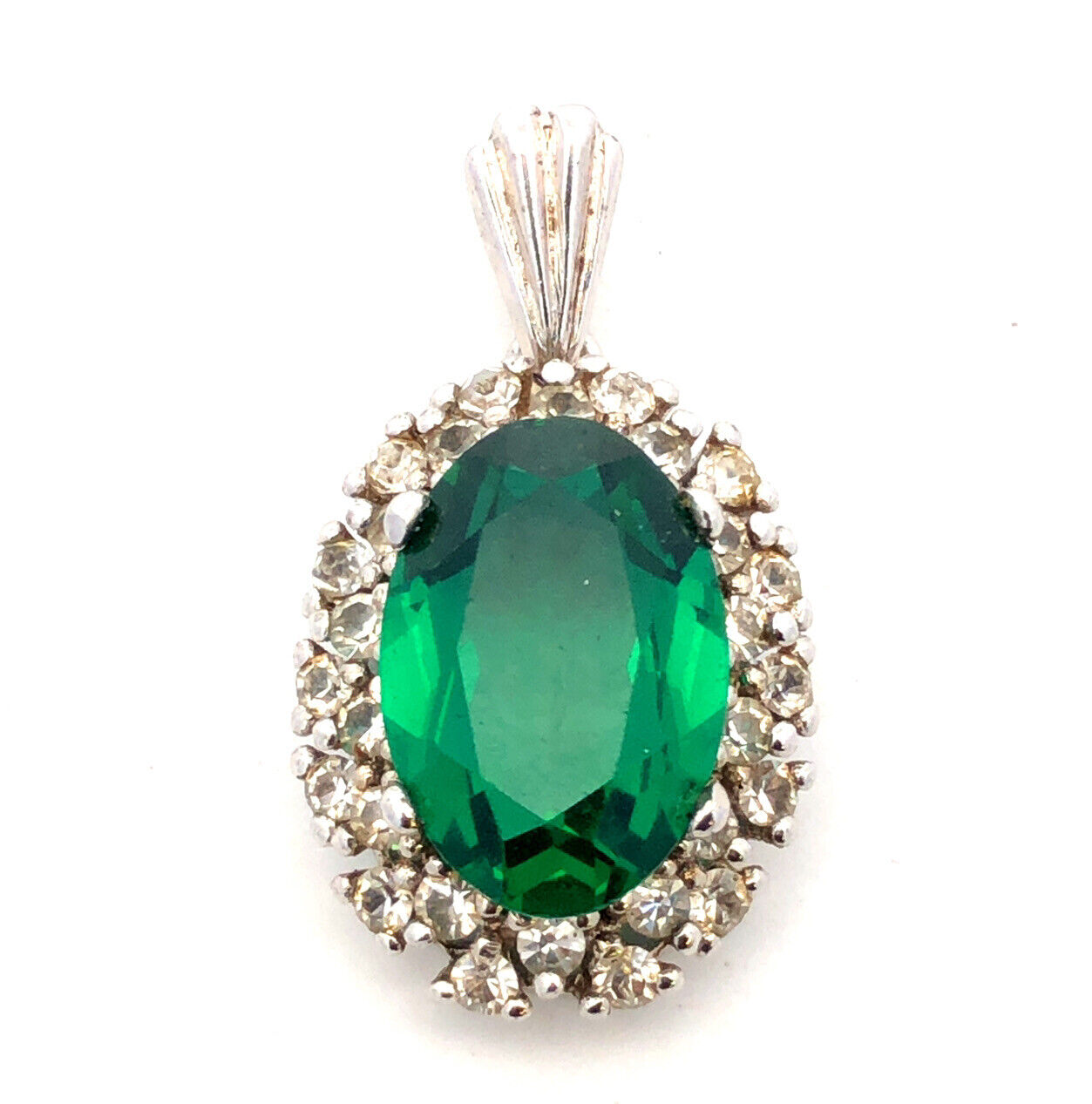 Estate 925 Sterling Silver Oval Green Round White Cubic Zirconia CZ Pendant