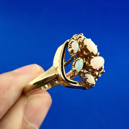 Art Deco Art Nouveau 10K Yellow Gold Fiery Opal Black Enamel Free Form Ring