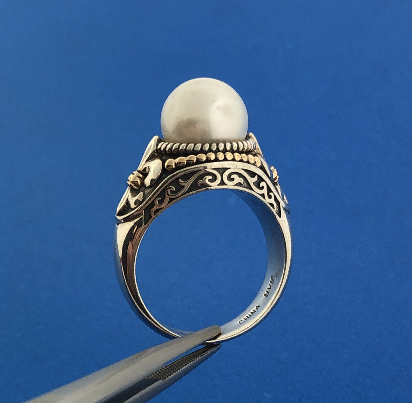 Designer HVE Sterling Silver 14K Yellow Gold Pearl Solitaire Fleur De Lis Ring