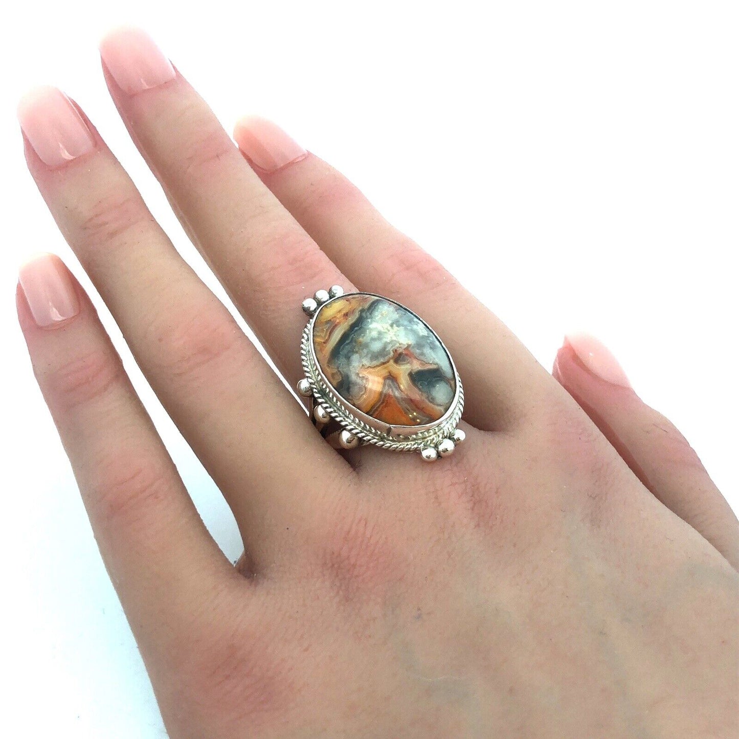925 Sterling Silver Oval Bumble Bee Jasper Orange Gray Statement Ring