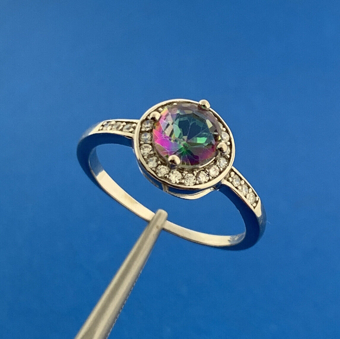 Designer Sterling Silver Mystic Topaz Cubic Zirconia Halo Cocktail Ring